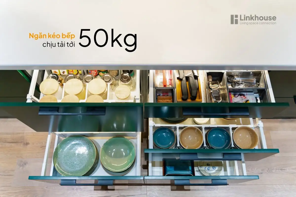 NGĂN KÉO BẾP CHỊU TẢI TỚI 50KG: GIẢI PHÁP TỐI ƯU KHÔNG GIAN BẾP HIỆN ĐẠI CÙNG RAY HỘP BLUM TANDEMBOX
