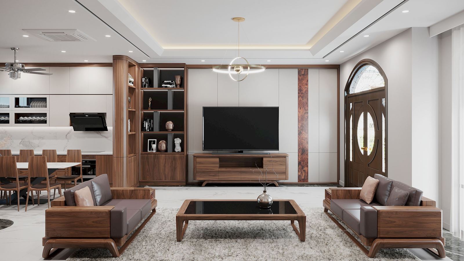 Không gian phòng khách nổi bật với bộ bàn ghế làm bằng gỗ nguyên khối nhập khẩu.