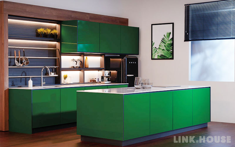 Mẫu tủ bếp cao cấp màu xanh lục bảo đẹp độc đáo – Tủ bếp hợp kim Alustil